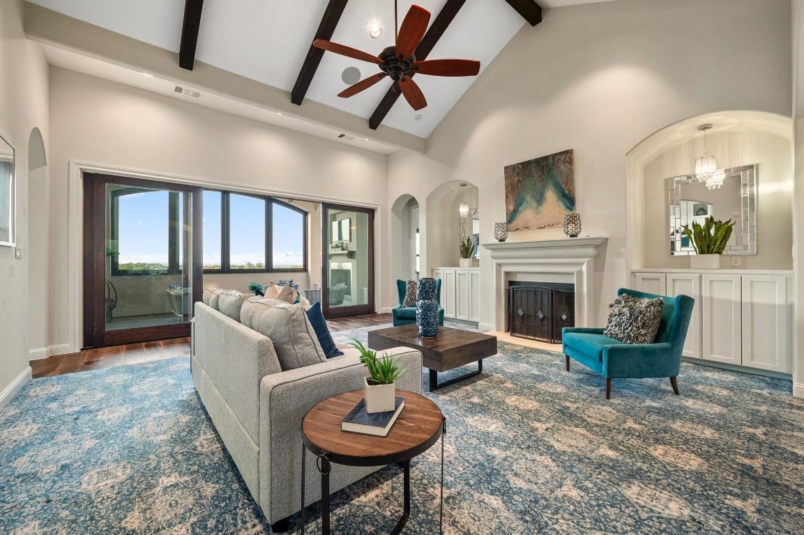 Fireplace, Interior, Living room, Recessed Lighting, Wooden Beams, Wood Texture Flooring