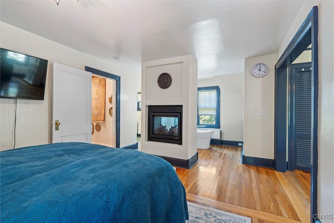 Bedroom, Fireplace, Interior, Wood Texture Flooring