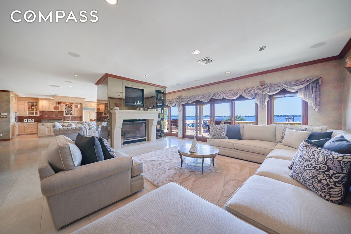 Fireplace, Interior, Kitchen, Living room, Recessed Lighting, Water