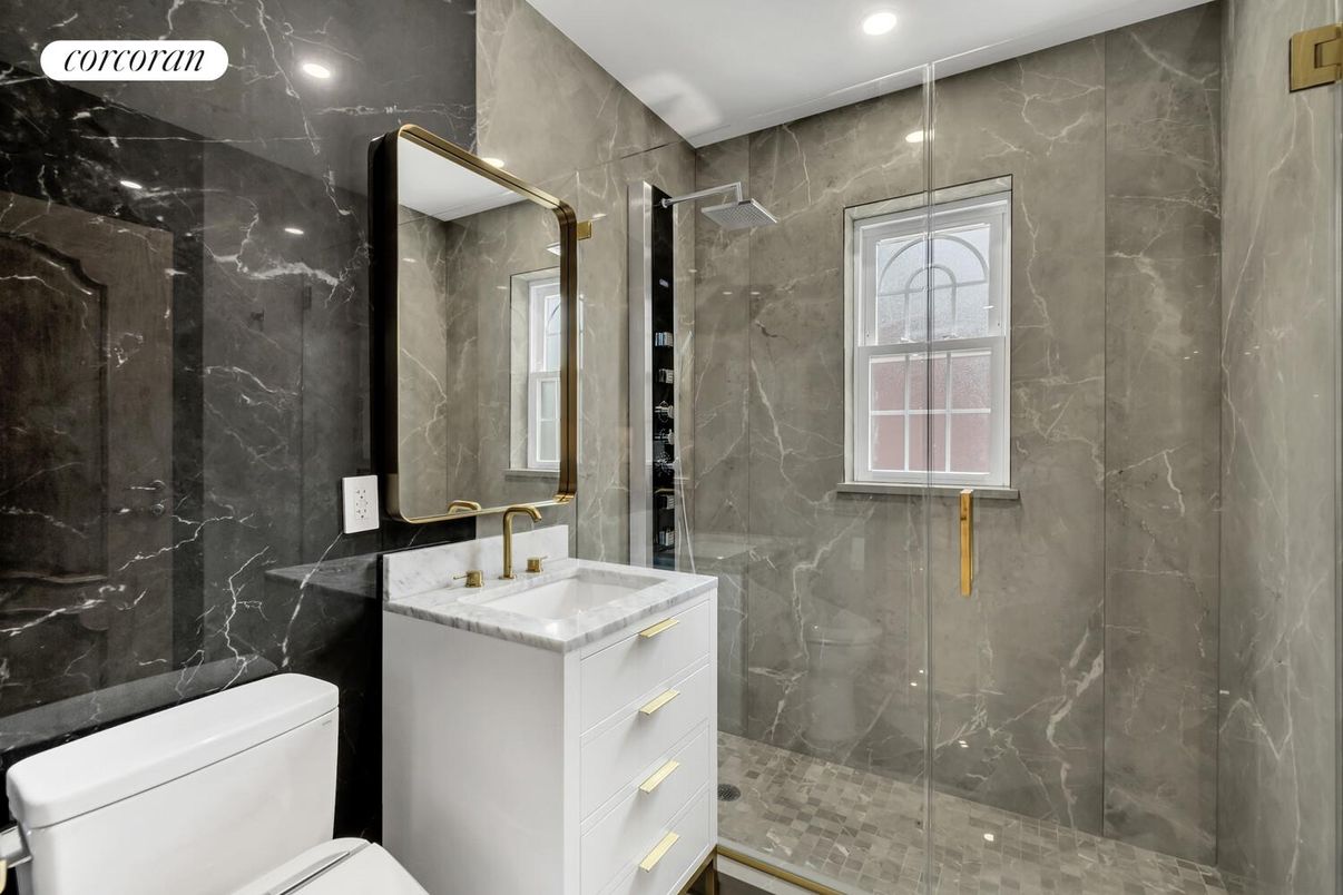 Bathroom, Glass Shower, Interior, Marble Walls, Recessed Lighting