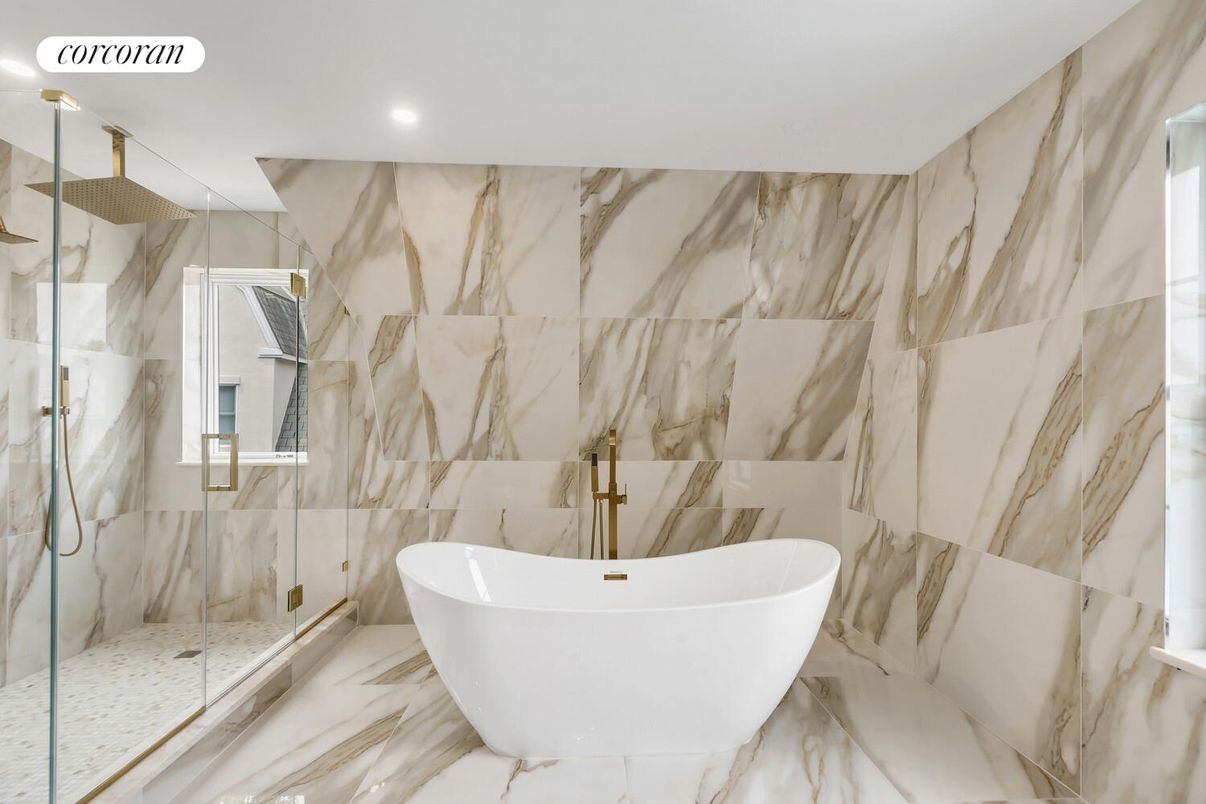 Bathroom, Free Standing Baths, Glass Shower, Interior, Marble, Marble Walls, Recessed Lighting