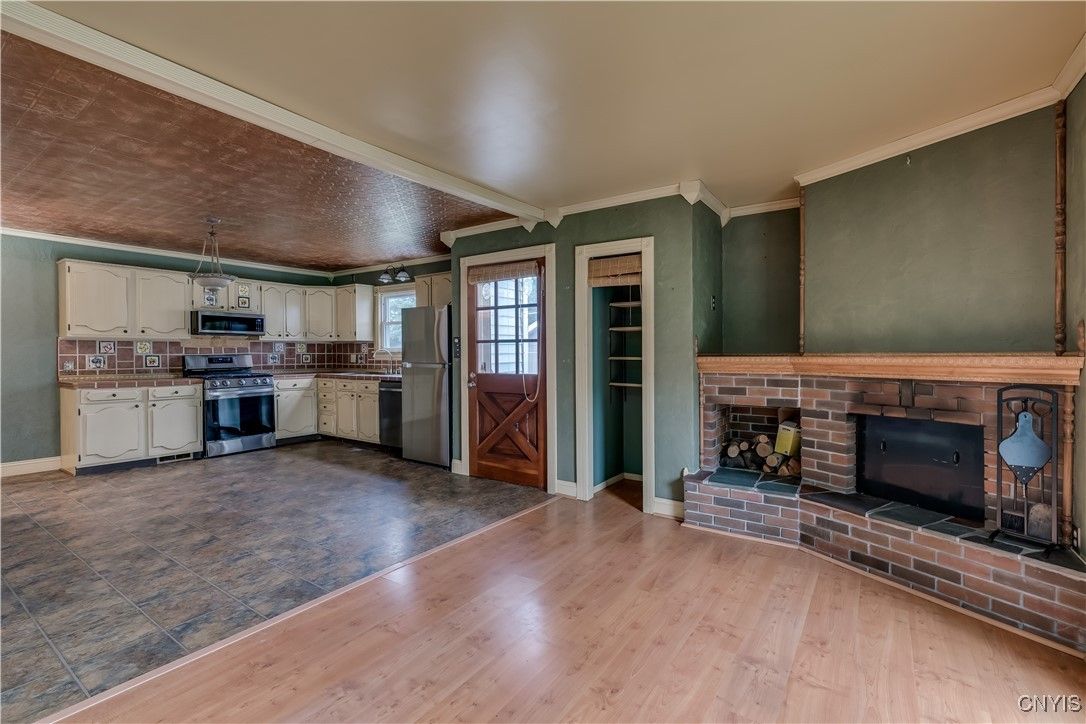 Fireplace, Interior, Kitchen, Stone Walls, Wood Texture Flooring