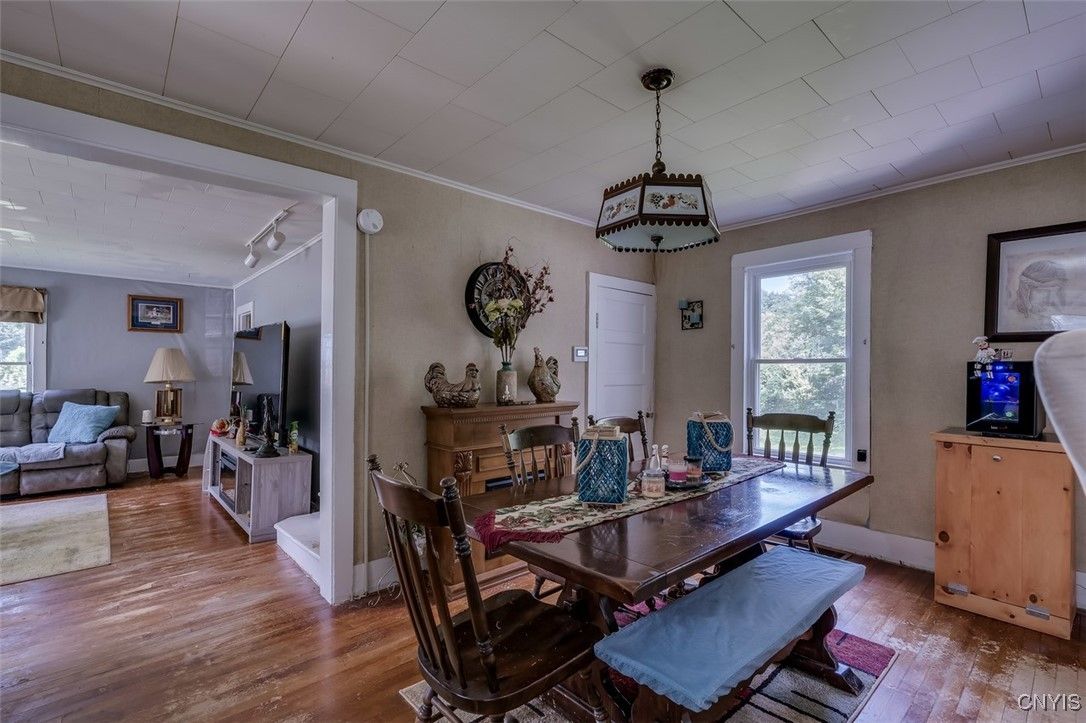 Dining room, Interior, Pendant Lights, Wood Texture Flooring