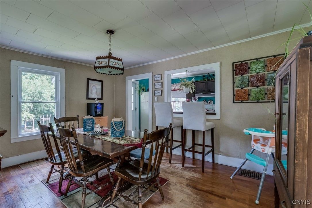 Dining room, Interior, Pendant Lights, Wood Texture Flooring