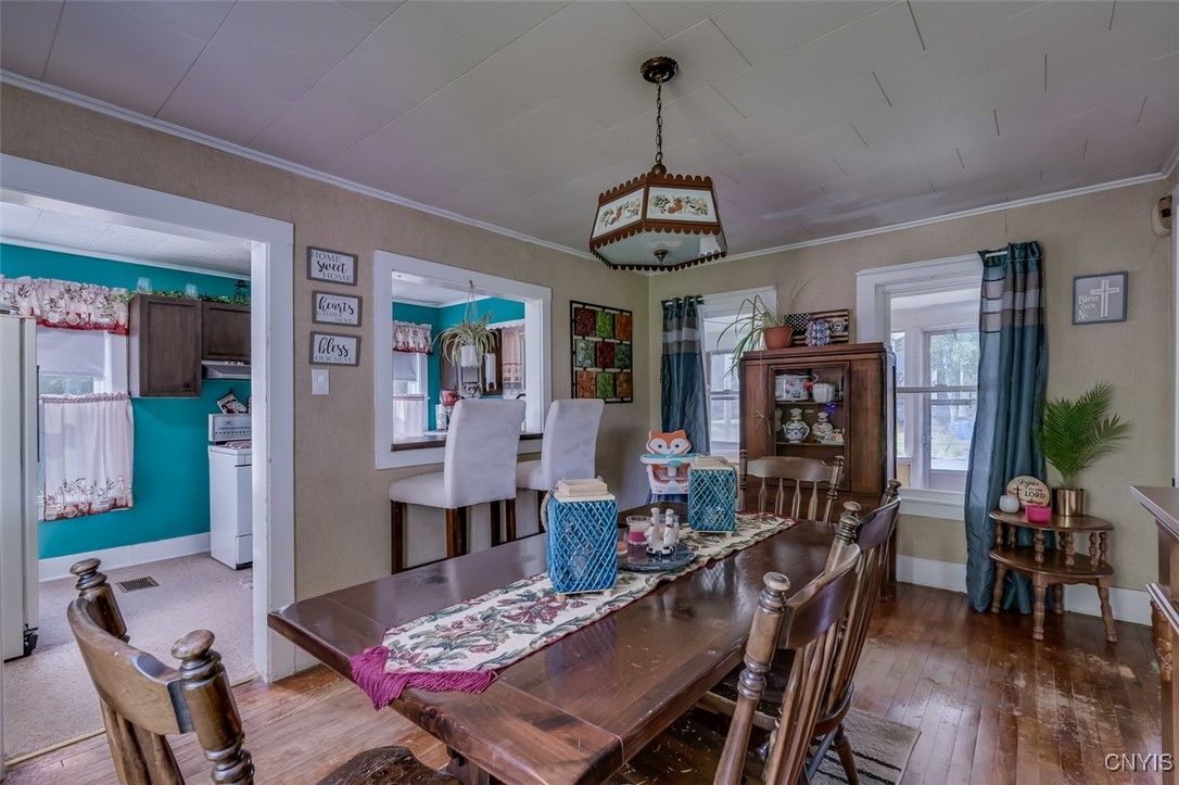 Dining room, Interior, Pendant Lights, Wood Texture Flooring
