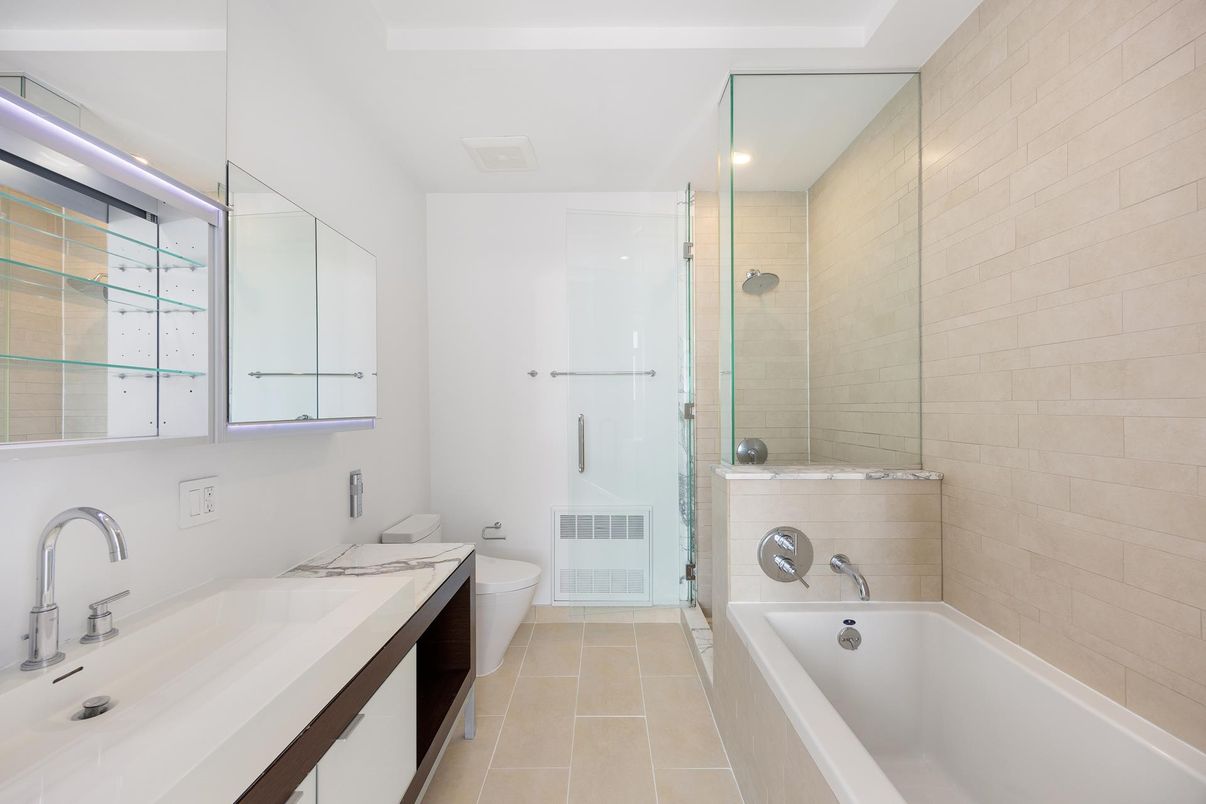 Bathroom, Dual Sink Vanities, Glass Shower, Interior, Recessed Lighting
