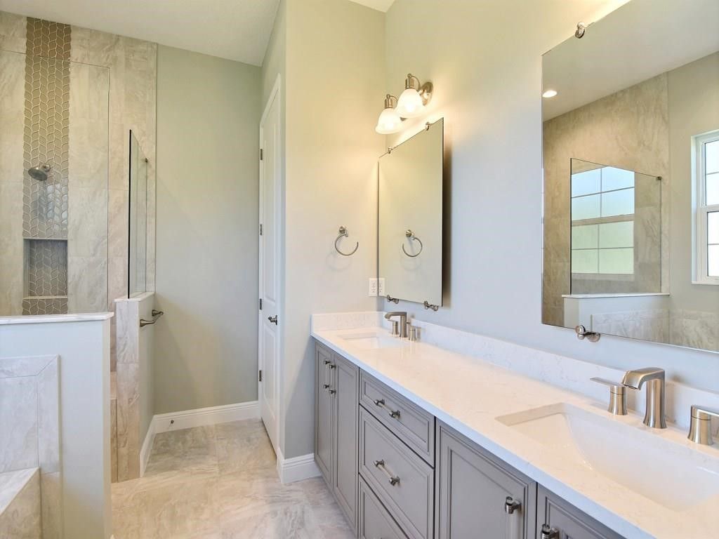 Bathroom, Dual Sink Vanities, Interior, Marble, Recessed Lighting