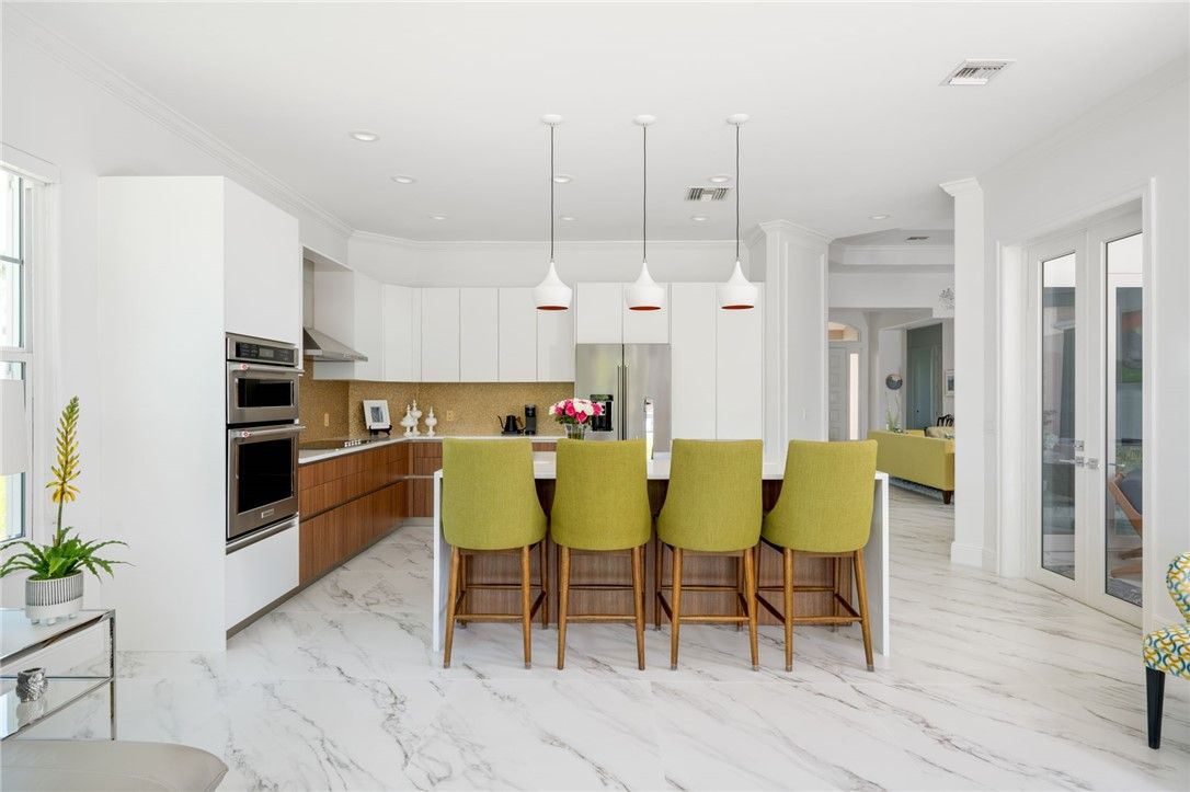 Interior, Kitchen, Marble, Pendant Lights, Recessed Lighting, Stainless Steel Appliances