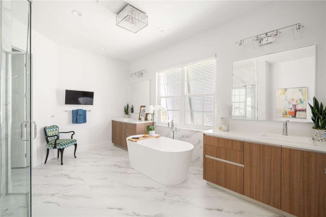 Bathroom, Dual Sink Vanities, Free Standing Baths, Glass Shower, Interior, Marble, Recessed Lighting