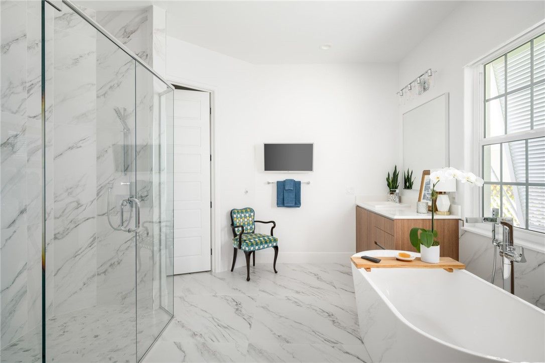 Bathroom, Free Standing Baths, Glass Shower, Interior, Marble, Marble Walls, Recessed Lighting
