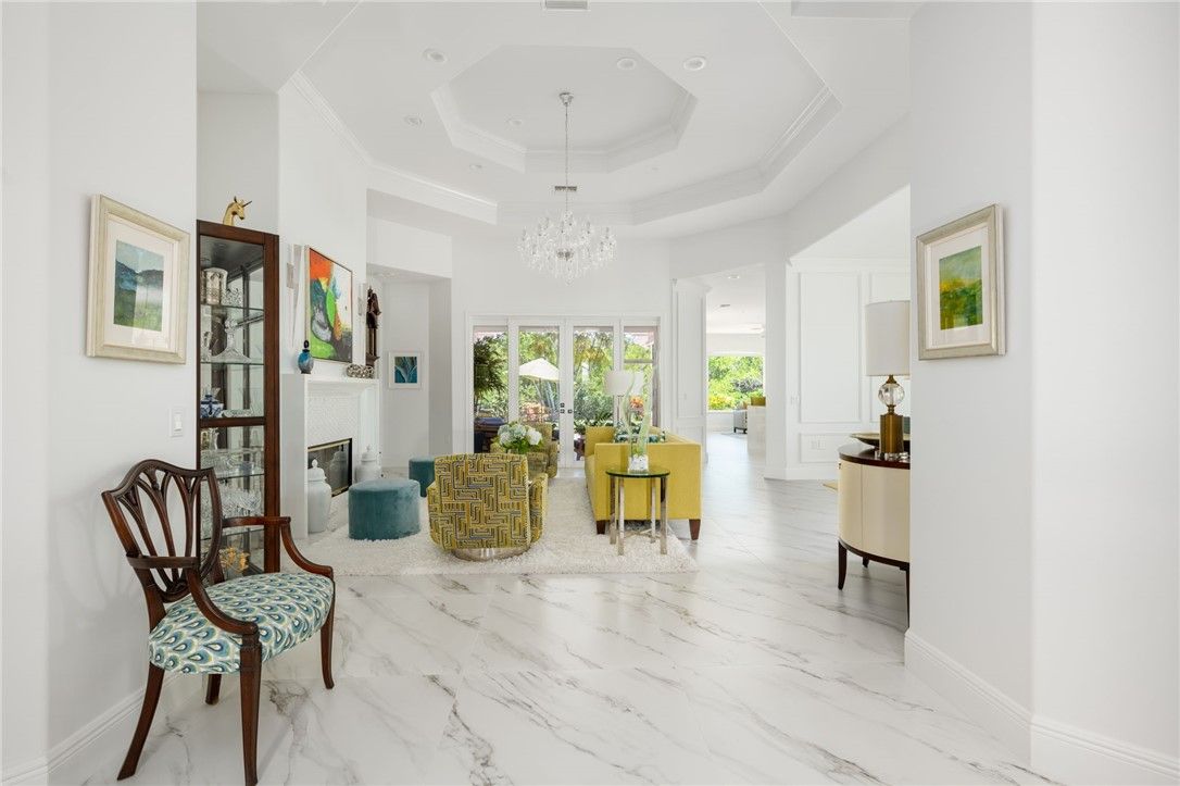 Chandelier, Fireplace, Interior, Living room, Marble, Recessed Lighting