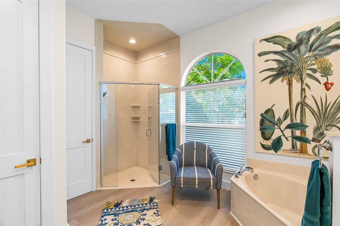 Bathroom, Glass Shower, Interior, Recessed Lighting, Wood Texture Flooring