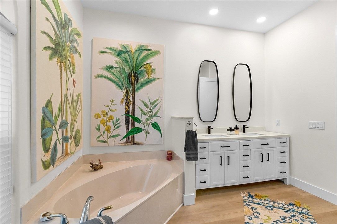 Bathroom, Dual Sink Vanities, Interior, Recessed Lighting, Wood Texture Flooring