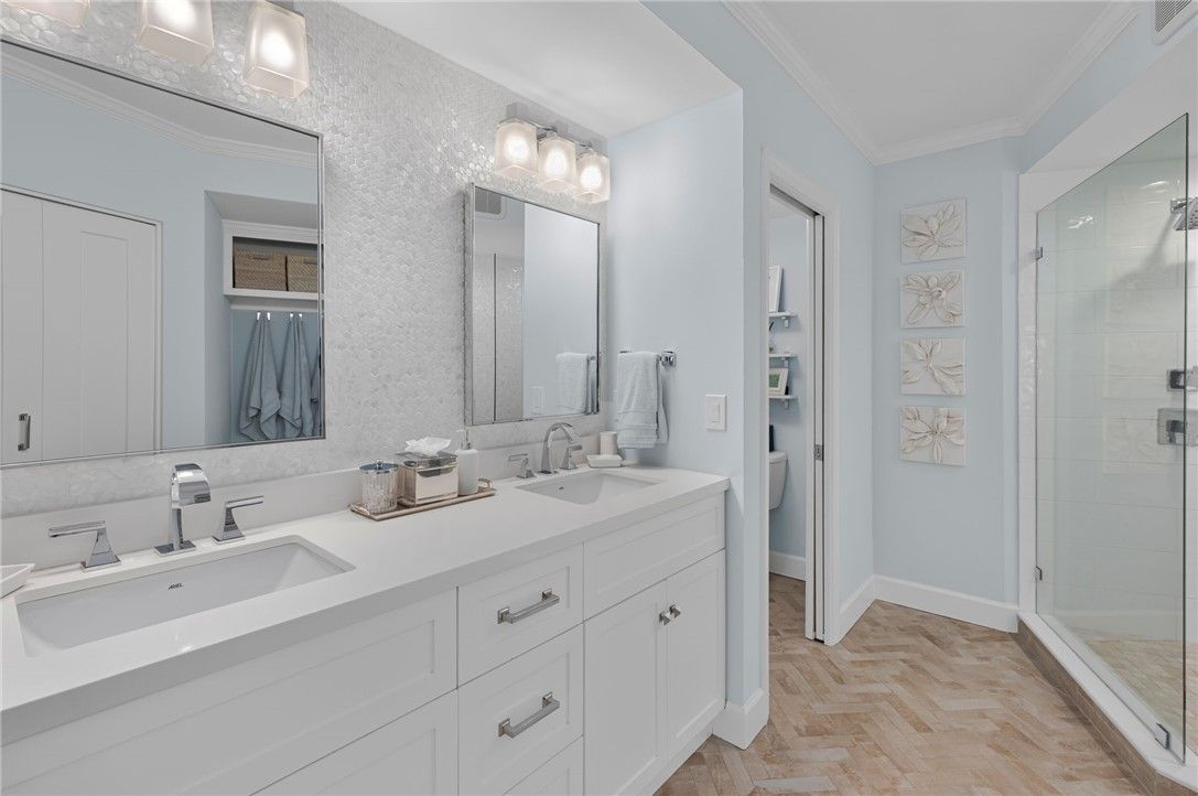 Bathroom, Dual Sink Vanities, Glass Shower, Interior, Wood Texture Flooring