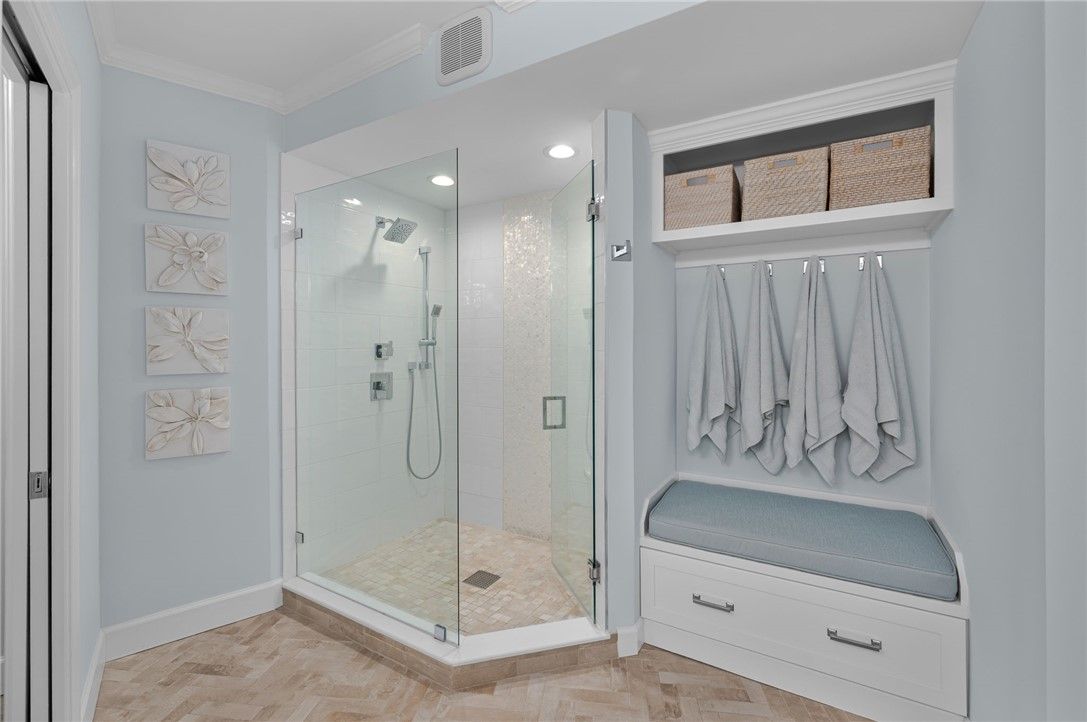 Bathroom, Glass Shower, Interior, Recessed Lighting, Wood Texture Flooring
