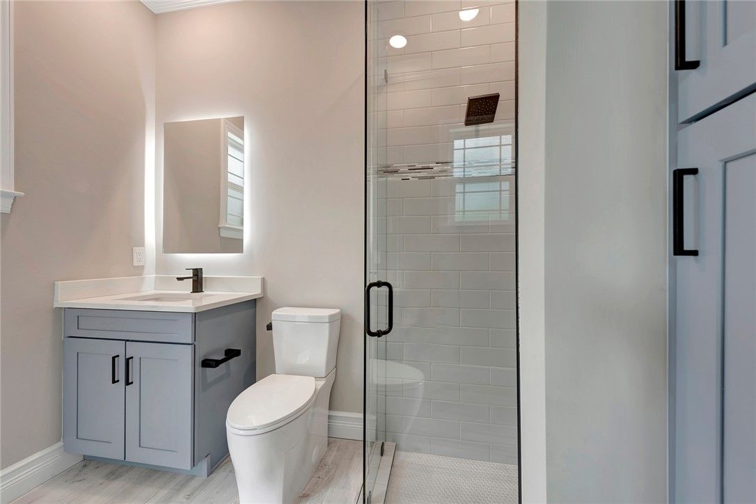 Bathroom, Glass Shower, Interior, Recessed Lighting, Wood Texture Flooring