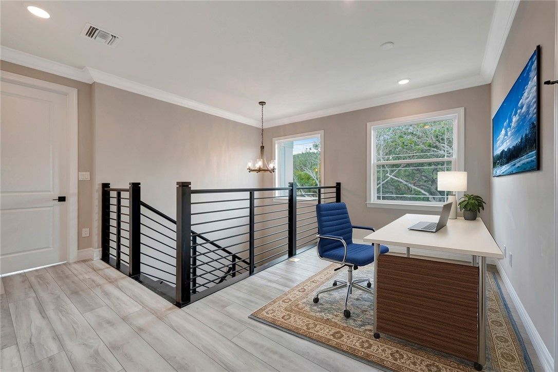 Chandelier, Home Office, Interior, Pendant Lights, Recessed Lighting, Wood Texture Flooring