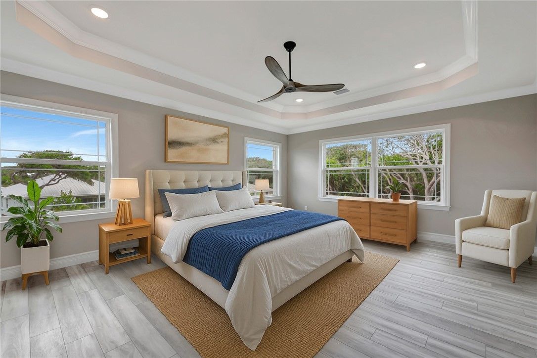 Bedroom, Interior, Recessed Lighting, Wood Texture Flooring