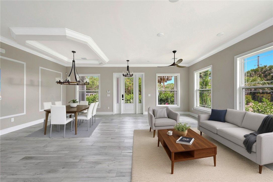 Dining room, Interior, Living room, Pendant Lights, Wood Texture Flooring