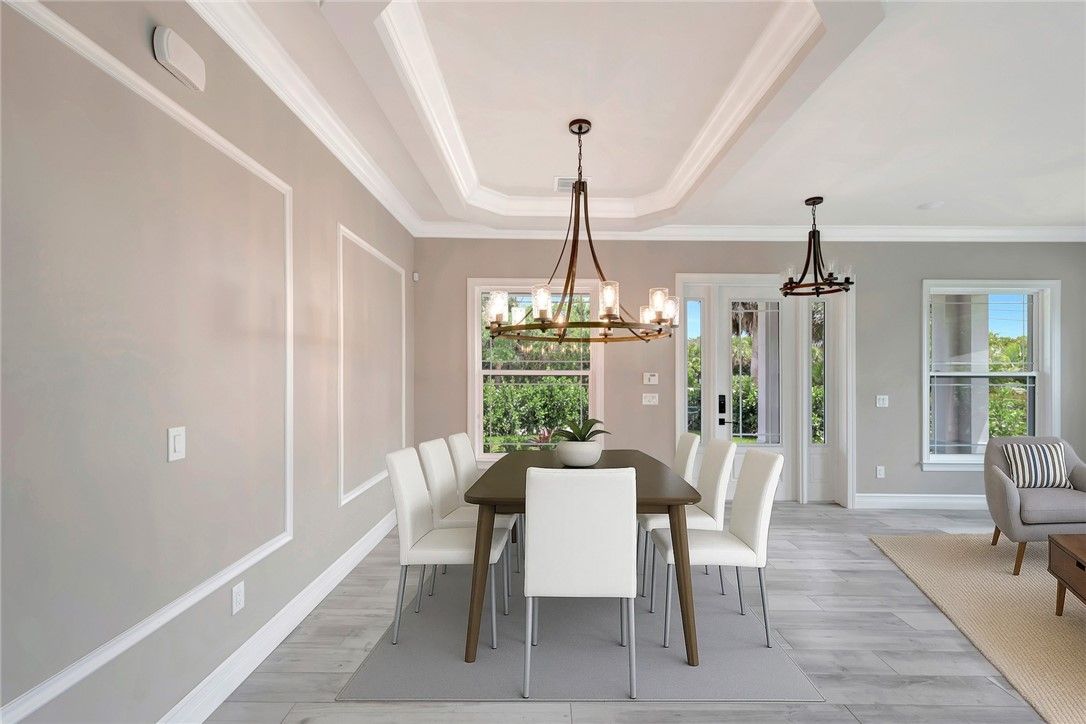 Chandelier, Dining room, Interior, Pendant Lights, Wood Texture Flooring