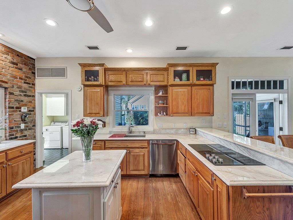 Interior, Kitchen, Recessed Lighting, Stainless Steel Appliances, Stone Walls, Wood Texture Flooring