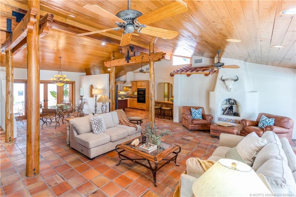 Chandelier, Dining room, Interior, Kitchen, Living room, Recessed Lighting, Wooden Beams, Wooden Ceilings