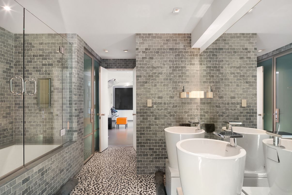 Bathroom, Dual Sink Vanities, Free Standing Baths, Glass Shower, Interior, Recessed Lighting, Stone Walls