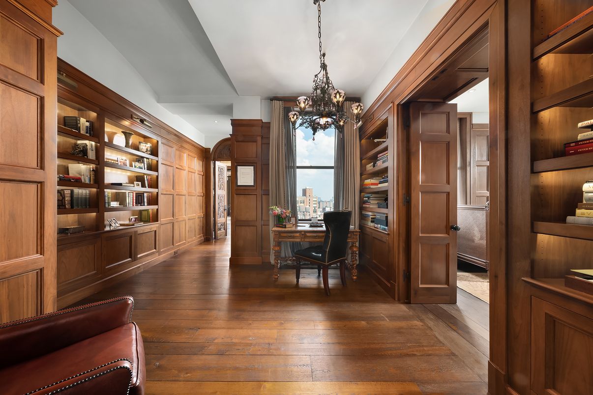 Chandelier, Home Office, Interior, Wood Texture Flooring, Wooden Walls