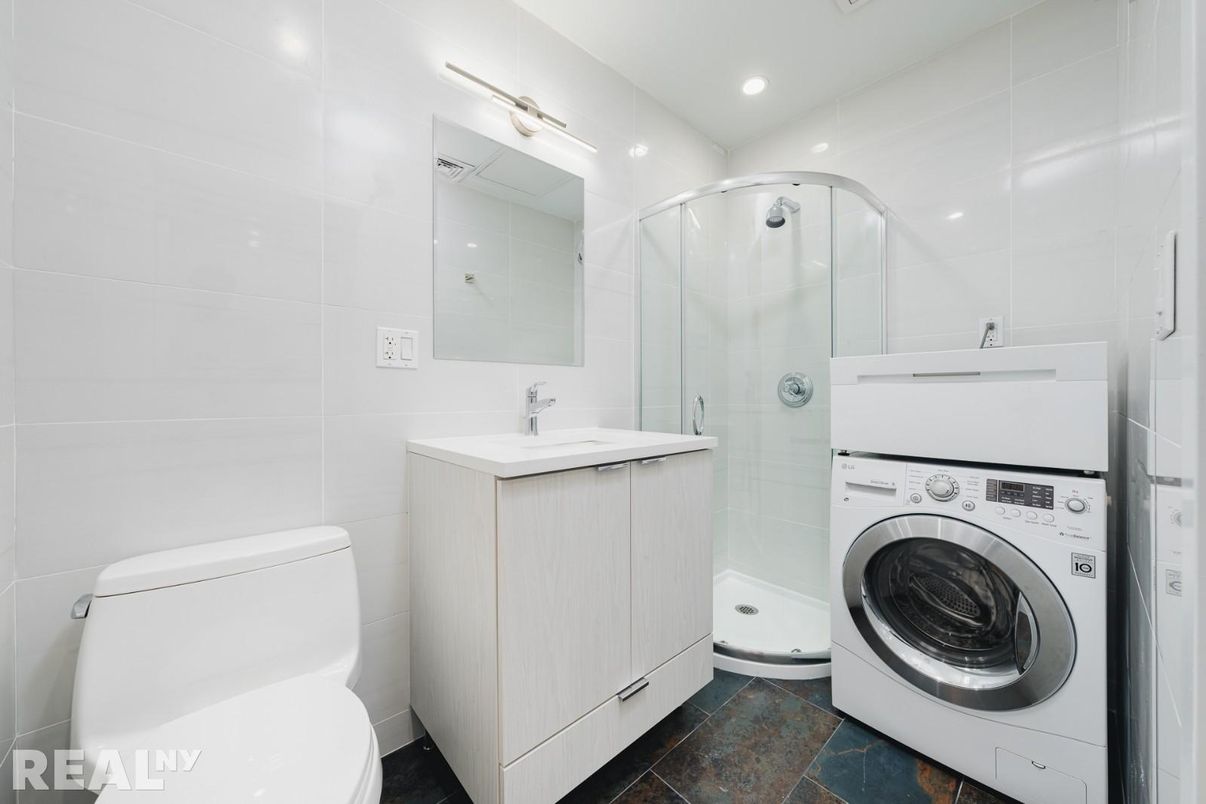 Bathroom, Glass Shower, Interior, Recessed Lighting, Washer