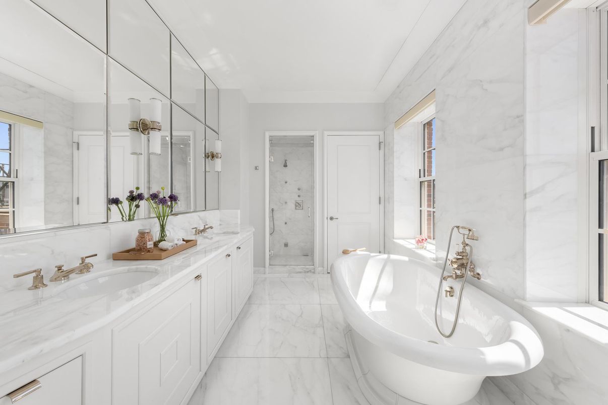 Bathroom, Dual Sink Vanities, Glass Shower, Interior, Marble, Marble Walls