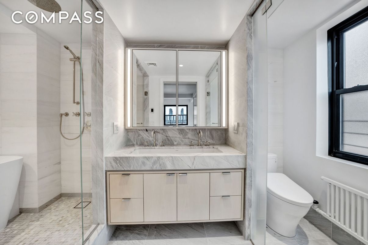 Bathroom, Glass Shower, Interior, Marble Walls, Recessed Lighting