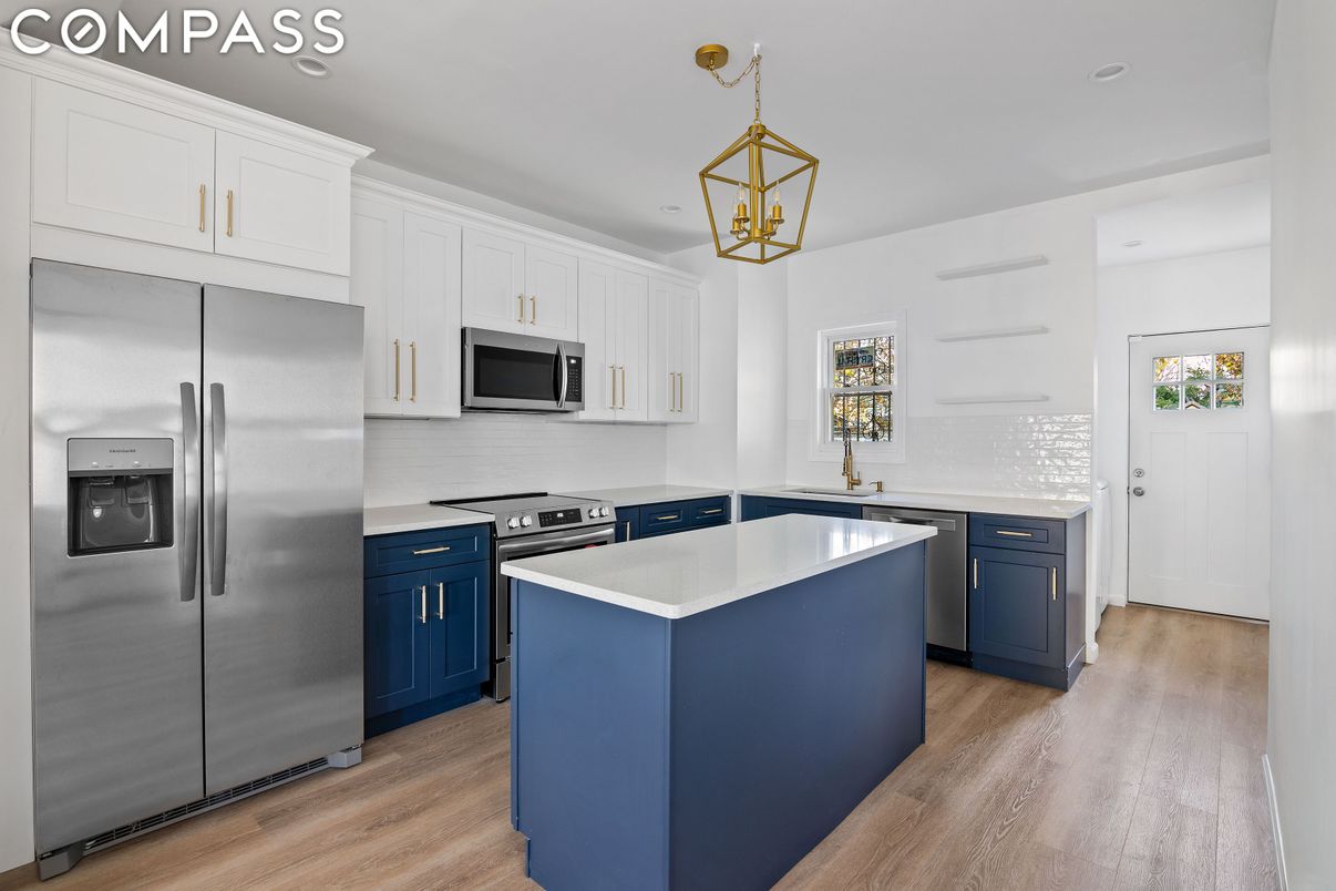 Interior, Kitchen, Pendant Lights, Recessed Lighting, Stainless Steel Appliances, Wood Texture Flooring