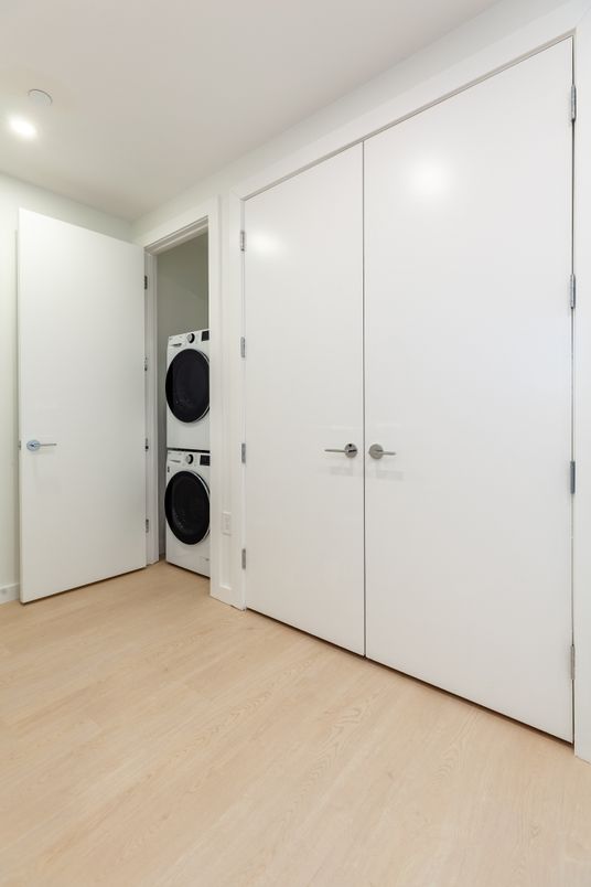 Empty room, Interior, Recessed Lighting, Utility Closets, Washer, Wood Texture Flooring