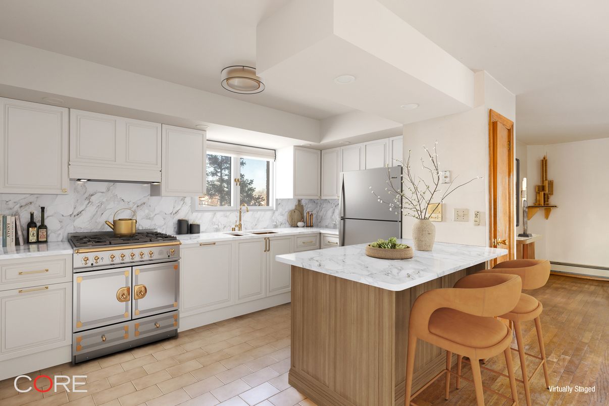Interior, Kitchen, Marble Walls, Recessed Lighting, Stainless Steel Appliances, Wood Texture Flooring
