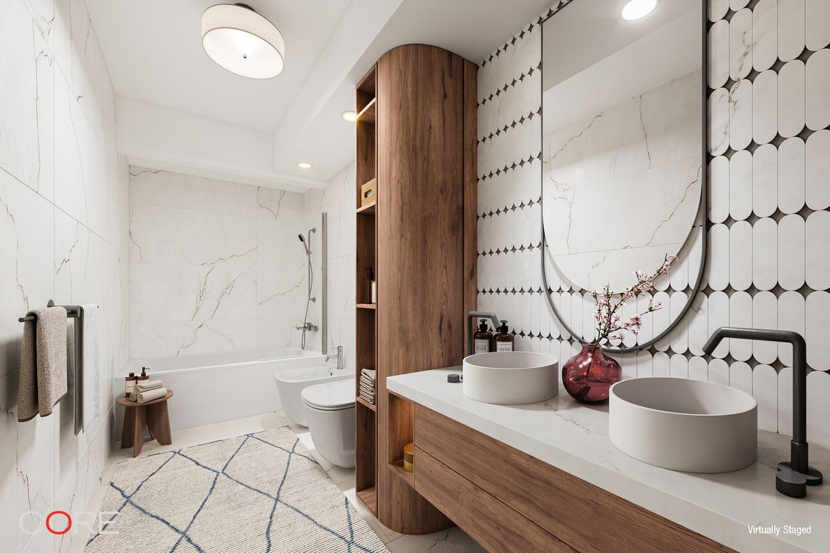 Bathroom, Dual Sink Vanities, Free Standing Baths, Interior, Marble Walls, Recessed Lighting