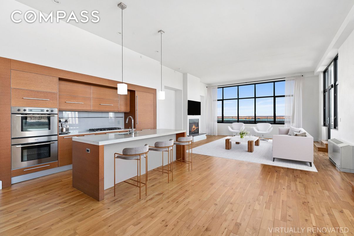 Fireplace, Interior, Kitchen, Living room, Pendant Lights, Stainless Steel Appliances, Wood Texture Flooring