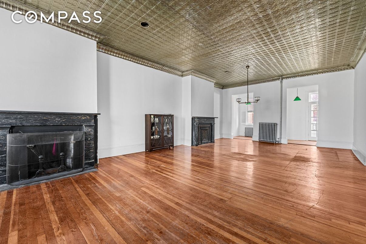 Empty room, Fireplace, Interior, Pendant Lights, Wood Texture Flooring