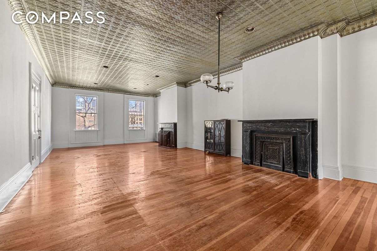 Empty room, Fireplace, Interior, Pendant Lights, Wood Texture Flooring