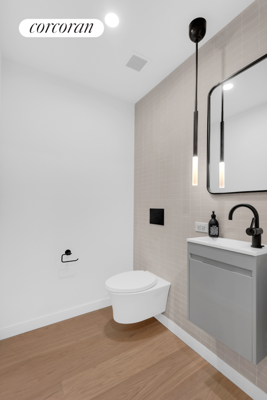 Bathroom, Interior, Pendant Lights, Recessed Lighting, Wood Texture Flooring