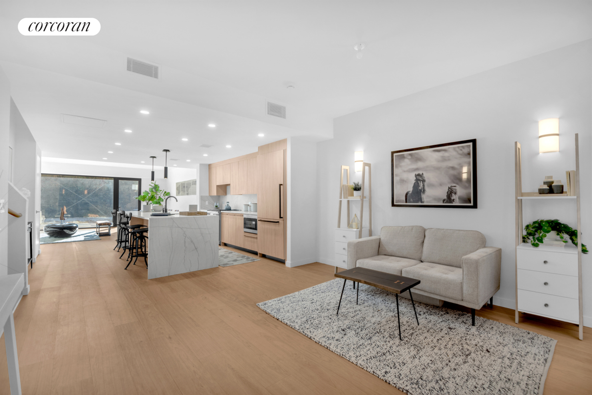 Dining room, Interior, Kitchen, Living room, Pendant Lights, Recessed Lighting, Stainless Steel Appliances, Wood Texture Flooring