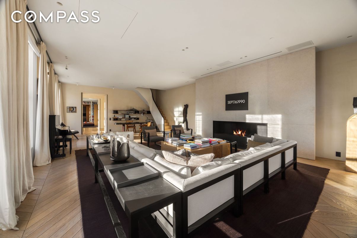 Dining room, Fireplace, Interior, Living room, Recessed Lighting, Wood Texture Flooring