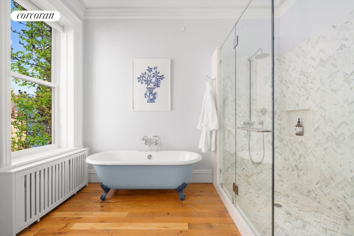 Bathroom, Free Standing Baths, Glass Shower, Interior, Wood Texture Flooring