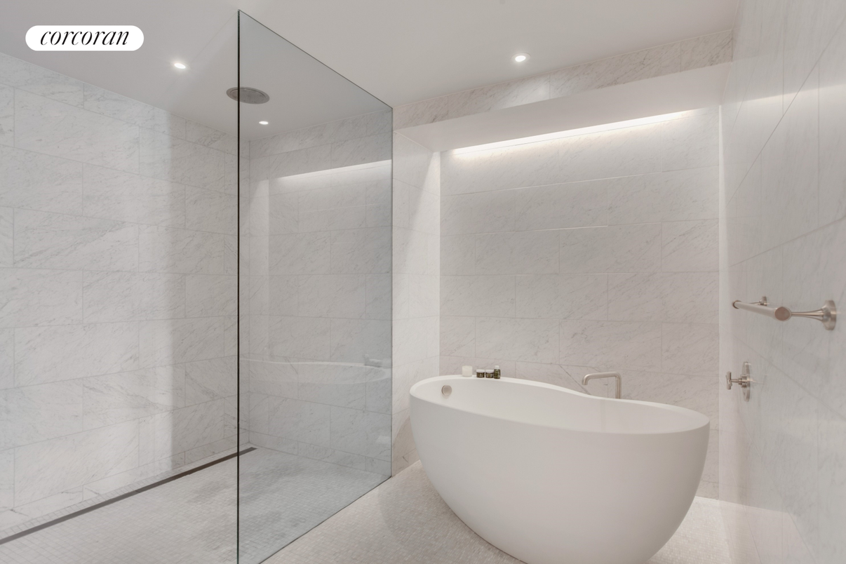 Bathroom, Free Standing Baths, Glass Shower, Interior, Marble Walls, Recessed Lighting