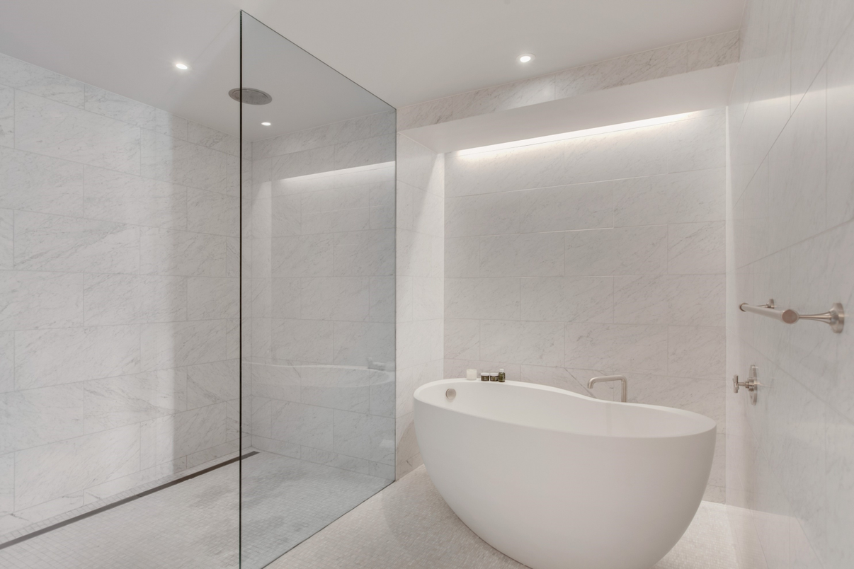 Bathroom, Free Standing Baths, Glass Shower, Interior, Marble Walls, Recessed Lighting