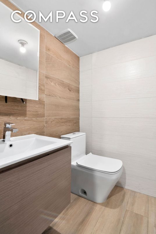 Bathroom, Interior, Recessed Lighting, Wood Texture Flooring, Wooden Walls