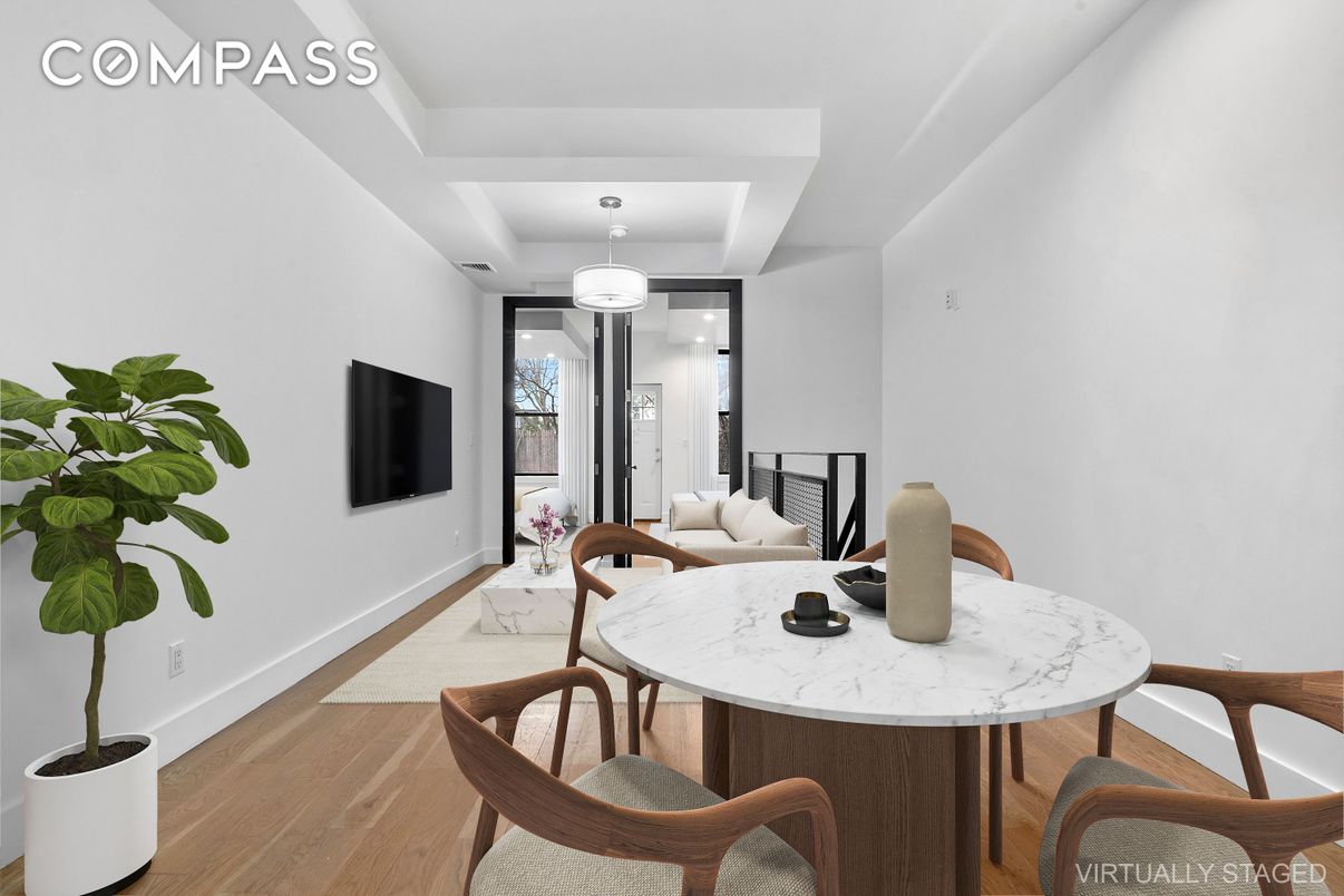 Dining room, Interior, Living room, Pendant Lights, Wood Texture Flooring