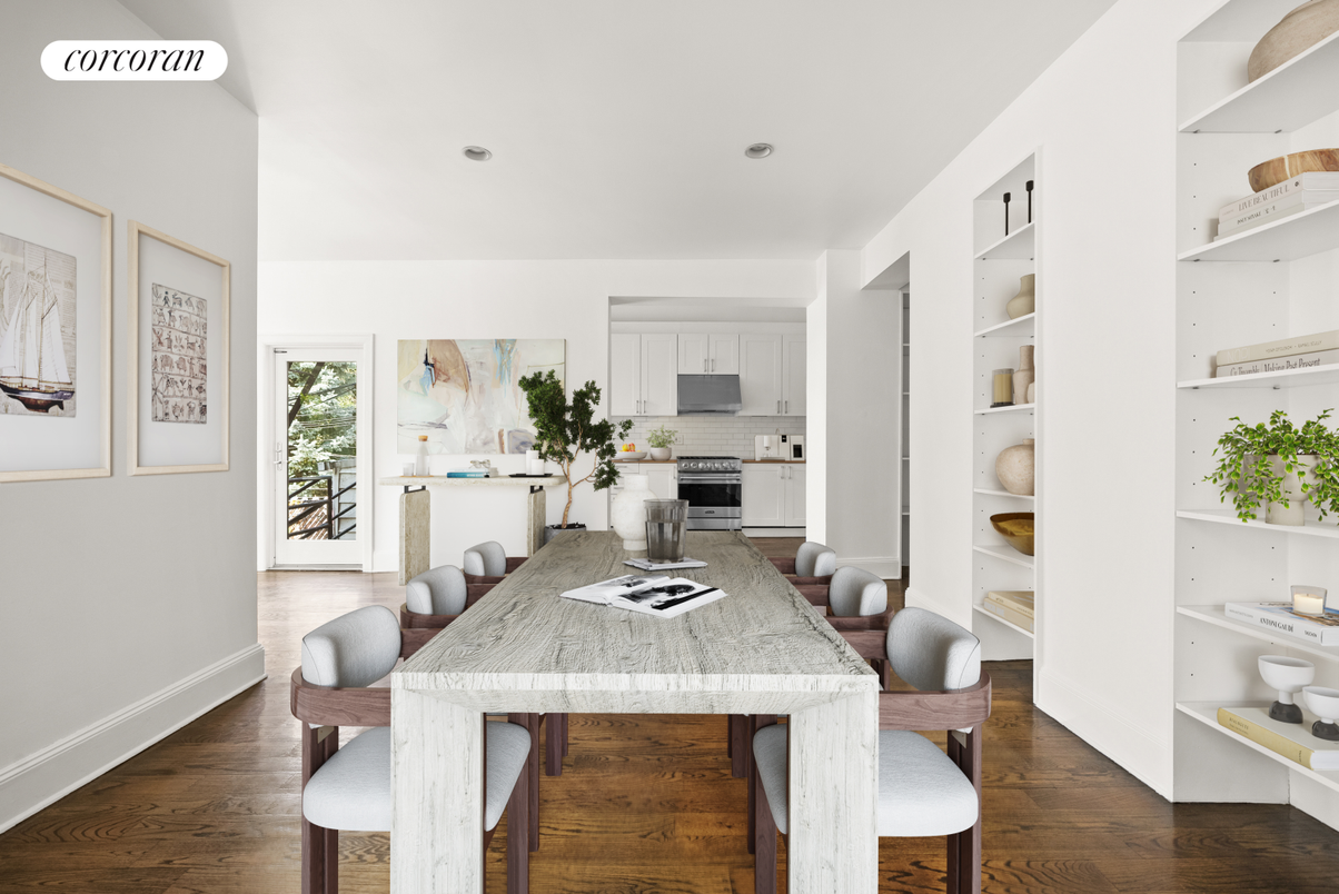 Dining room, Interior, Kitchen, Recessed Lighting, Stainless Steel Appliances, Wood Texture Flooring