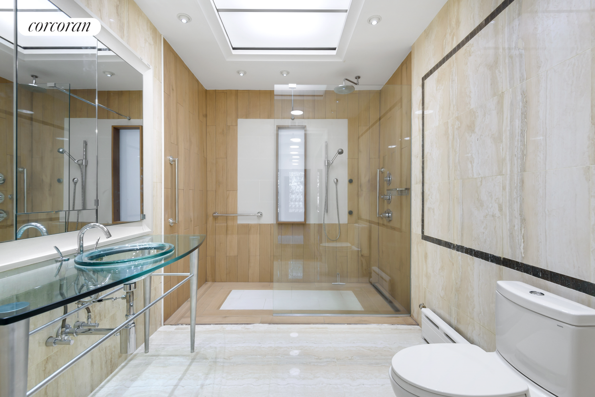 Bathroom, Glass Shower, Interior, Recessed Lighting, Wooden Walls