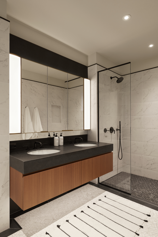 Bathroom, Dual Sink Vanities, Glass Shower, Interior, Marble Walls, Recessed Lighting