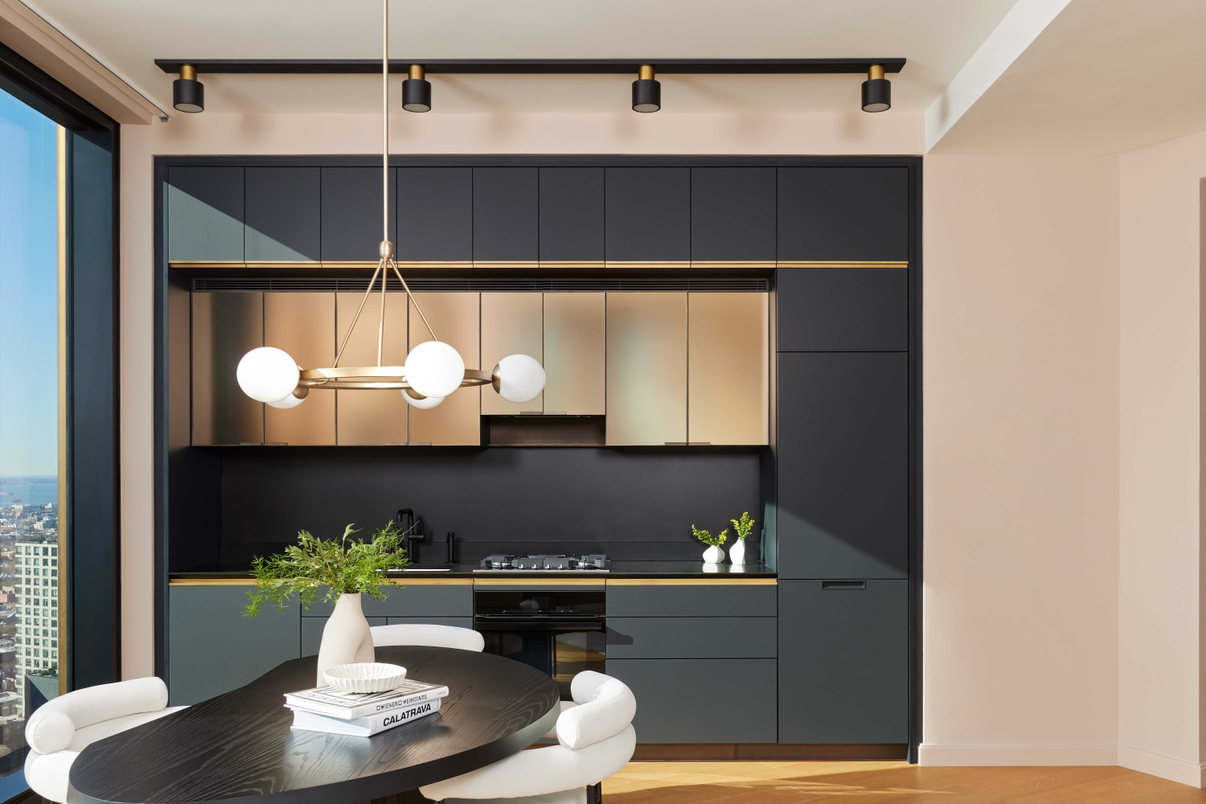 Dining room, Interior, Kitchen, Pendant Lights, Stainless Steel Appliances, Wood Texture Flooring